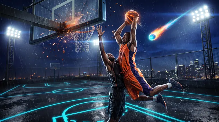 One-on-one streetball player hammering a two-handed dunk past a defender on a floodlit rooftop court.