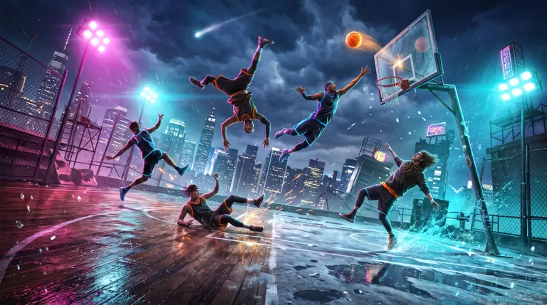 Four ragdoll basketball players tumbling through mid-air toward a bouncing ball above a shifting ice-and-hardwood court.