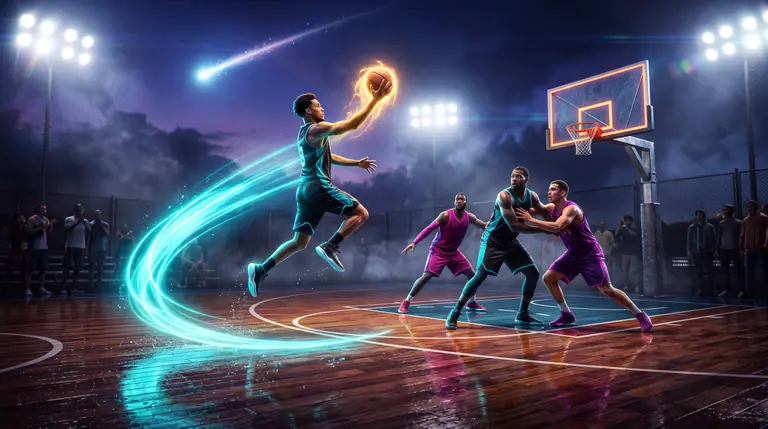 Basketball player rising for a flaming supershot jumper while a teammate boxes out two defenders under stadium lights.