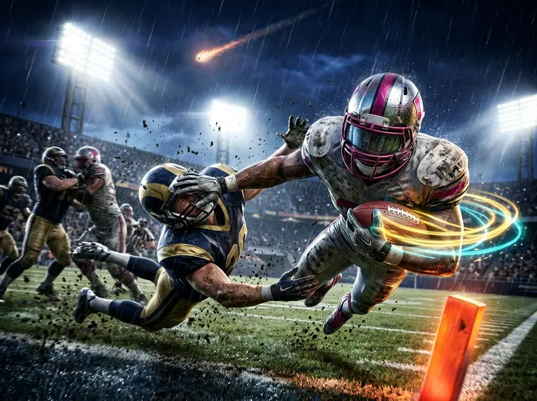 Armoured gridiron running back delivering a stiff-arm and diving over the glowing end-zone pylon at night.