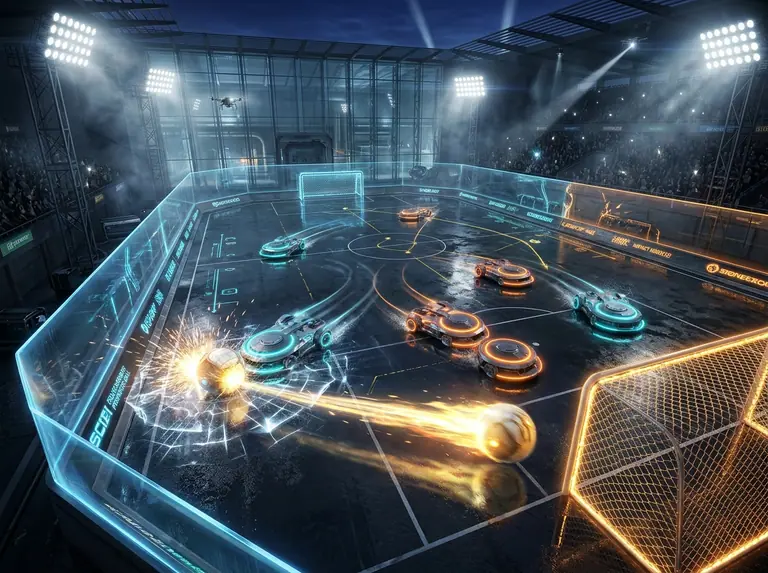Glowing titanium striker discs banking a blazing ball off an arena wall toward a steel goal net.