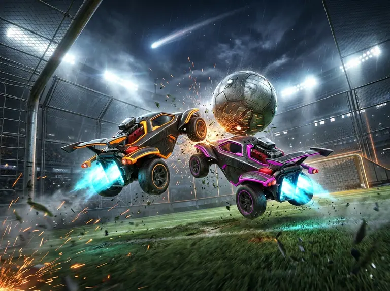 Two nitro-boosted carbon-fibre buggies colliding in mid-air to strike a giant metallic football toward a stadium goal.