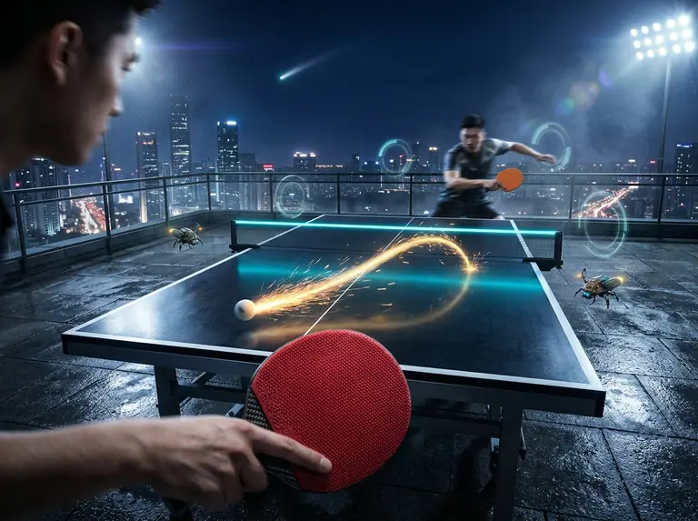 Carbon-fibre table tennis paddle striking a glowing spin shot across a nocturnal rooftop table.