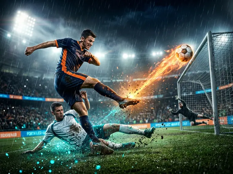 Football striker hitting a fiery volley past a sliding defender on a rain-slicked night pitch.