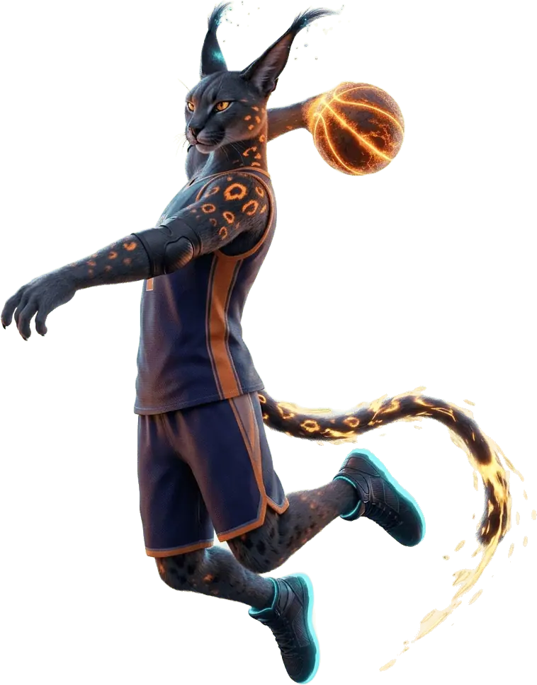 Kometor Vane leaping in mid-air with a glowing comet-basketball cocked for a tomahawk dunk.